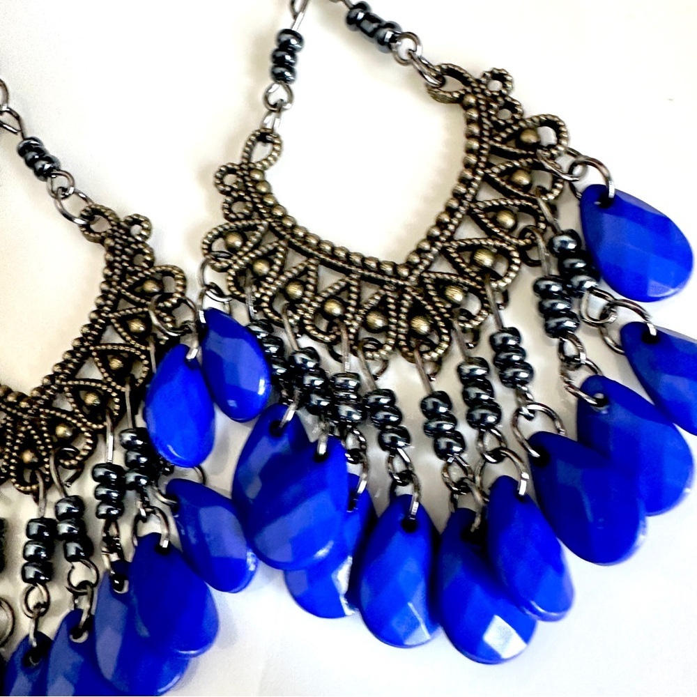 Bohemian Blue Bead Chandelier Earrings Dangle Antiqued Silver Boho Gift NEW - Picture 5 of 11